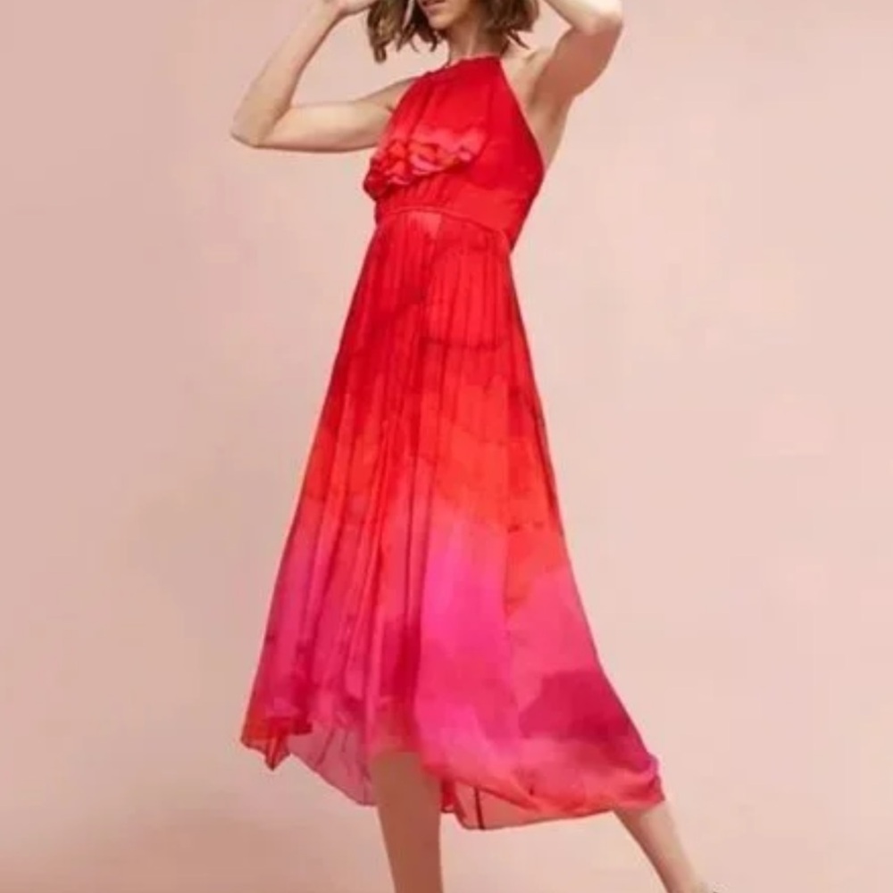 Tracy Reese Red pink watercolor halter dress size:0P